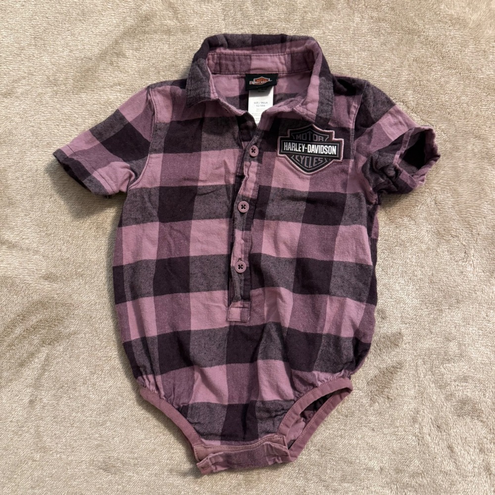 Harley-Davidson Baby Purple Plaid Flannel Bodysuit 12/18M Logo Patch